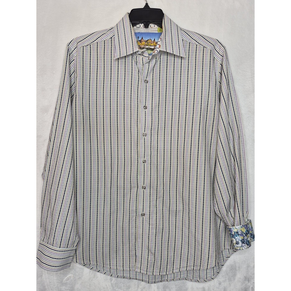 Robert Graham Pinstripe Embroidered Flip Cuff Shirt Mens XL 25x30.5